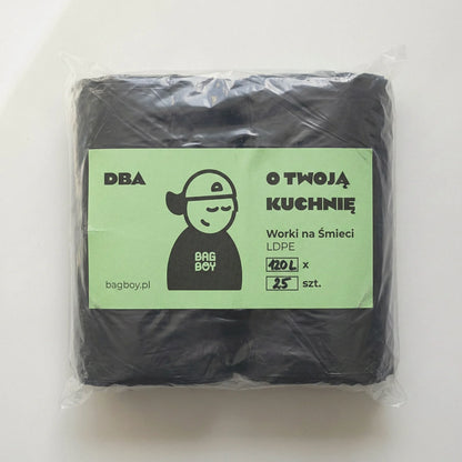 Worki na śmieci BagBoy 120L czarne 25szt – opakowanie hurtowe z etykietą.