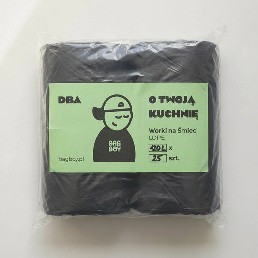 Worki na śmieci BagBoy 120L czarne 25szt – opakowanie hurtowe z etykietą.