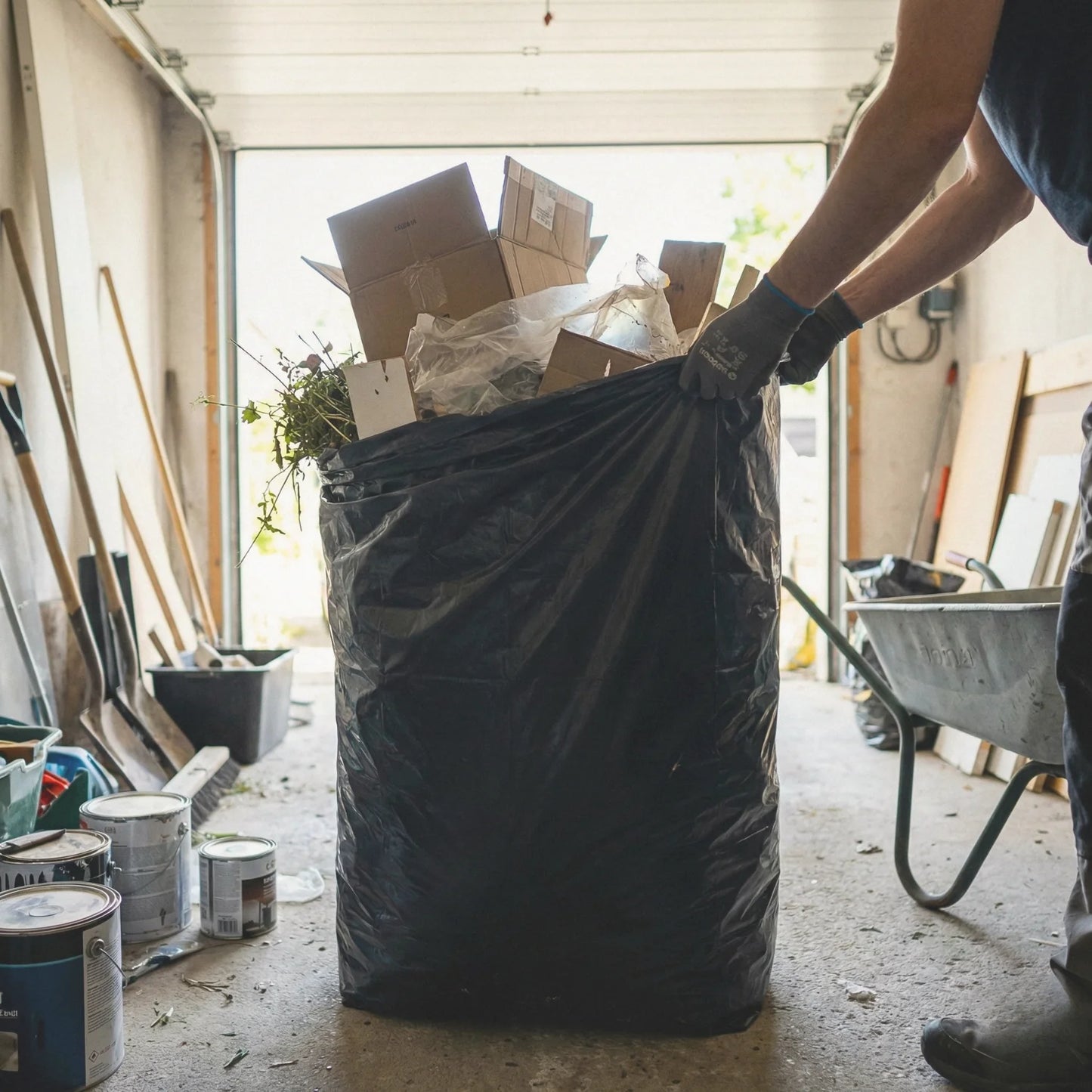 Worki na śmieci BagBoy 120L czarne – pakowanie odpadów w garażu.
