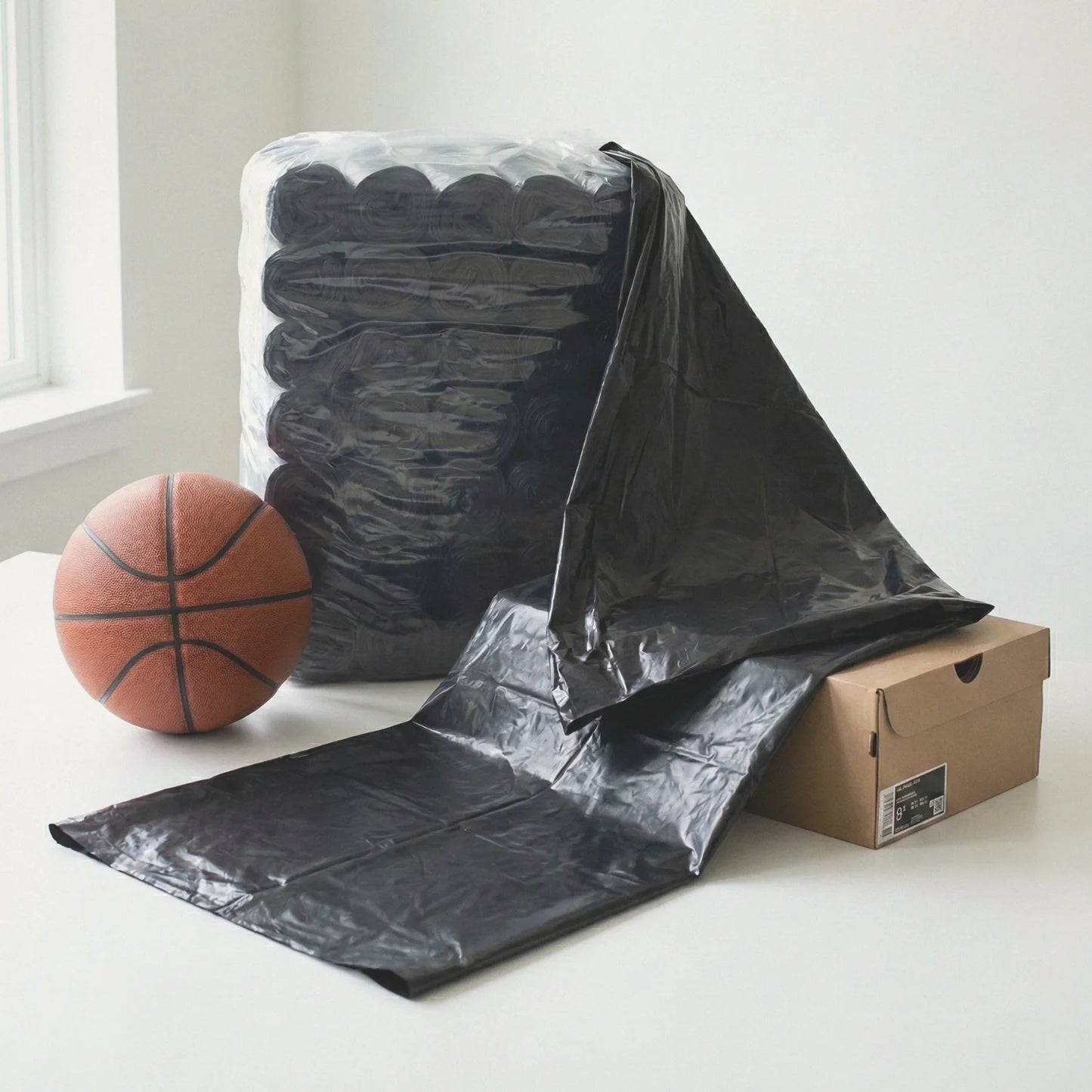 Worki na śmieci BagBoy 120L czarne 25szt – porównanie rozmiaru z piłką.