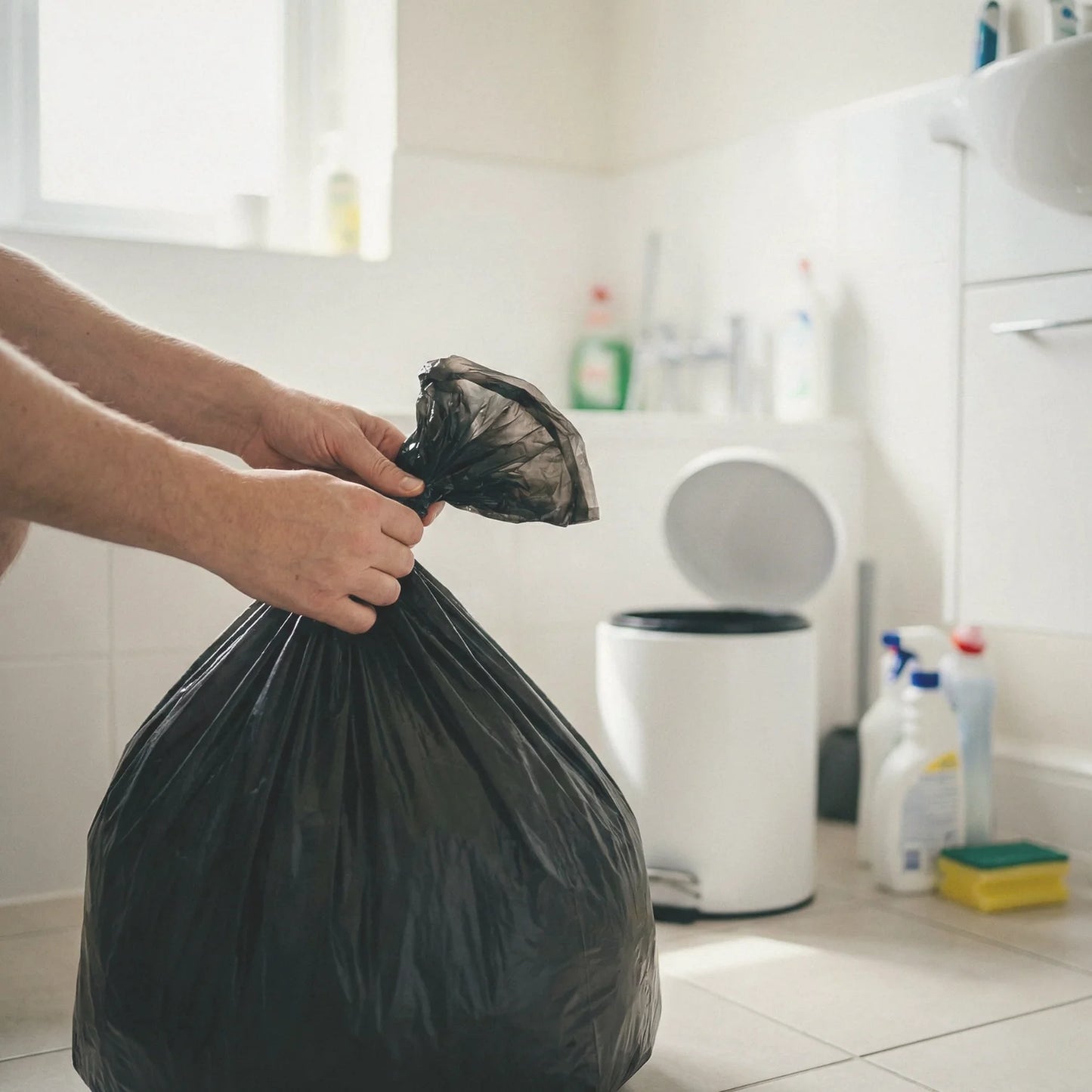 Worki na śmieci BagBoy 35L czarne – wiązanie worka w łazience.