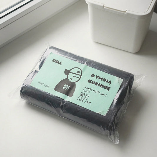 Worki na śmieci BagBoy 60L czarne 20szt – opakowanie z etykietą.