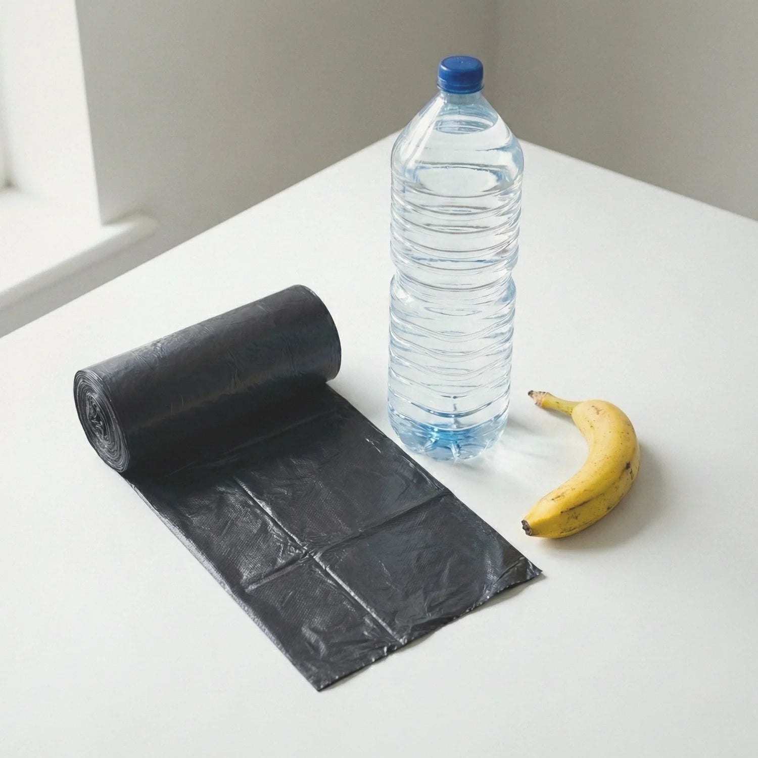 Worki na śmieci BagBoy 60L czarne – porównanie rozmiaru z butelką wody.